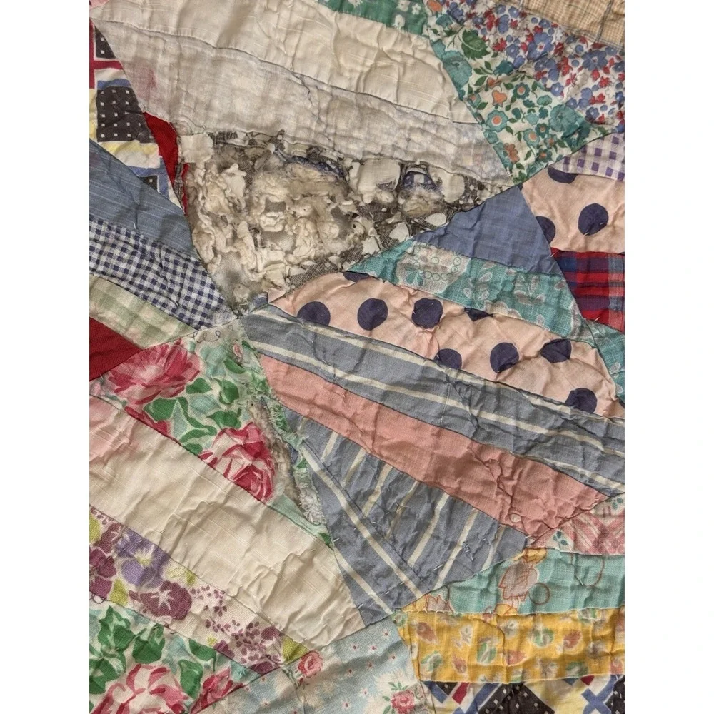 Vintage String Quilt 79x63 Hand Pieced Depression Era Feed Sack Folk Art America